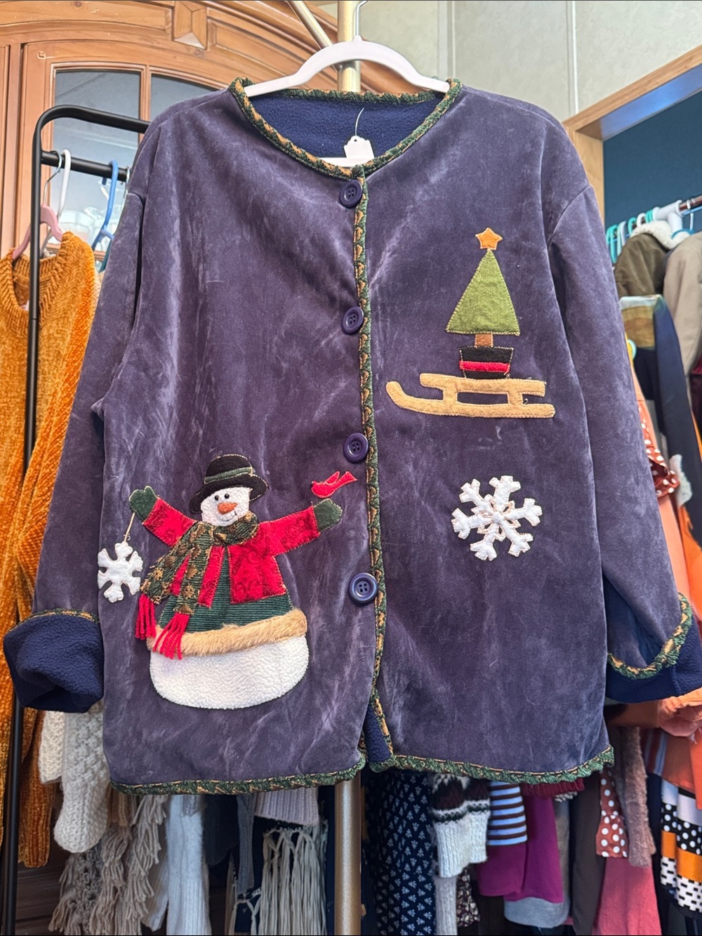 Kirkland Home Vintage Women's Holiday  Jacket with Snowman Appliqué Sz L
